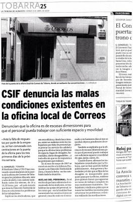 CSI·F denuncia las malas condiciones existentes en la oficina local de Correos en Tobarra (Albacete)
